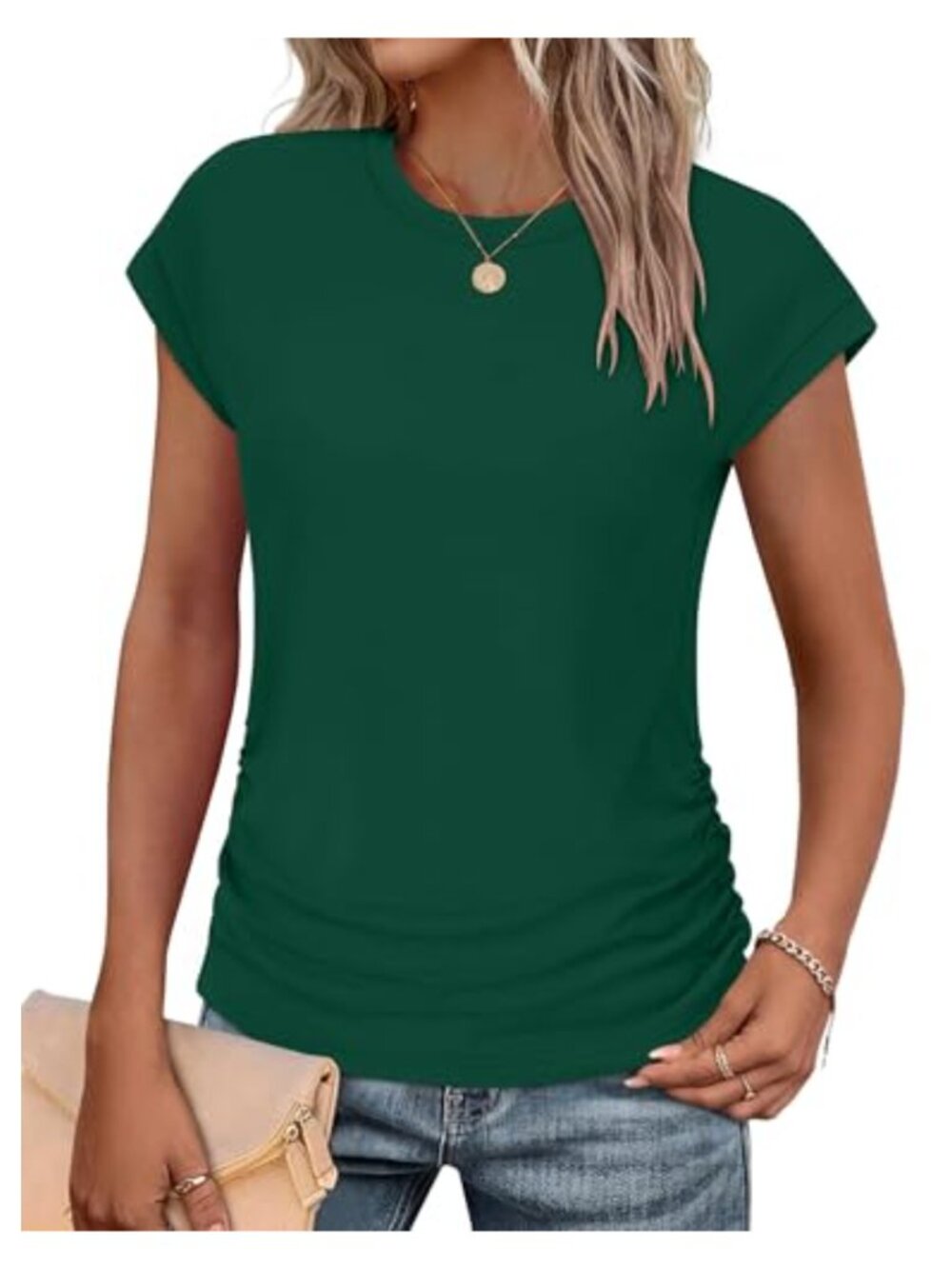 Womens Ruched Side Cap Sleeve Crew Neck T-Shirt Loose Fit Summer Top
